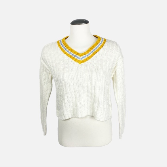 ✨ Filocaly White Knit Cropped Sweater w/ Mustard & Blue Stripe V-Neck (S) ✨ - Picture 1 of 7